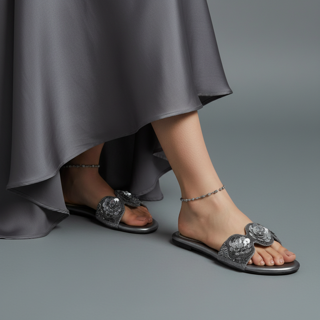 Grey Flat Sequin Slides | S380F-GR