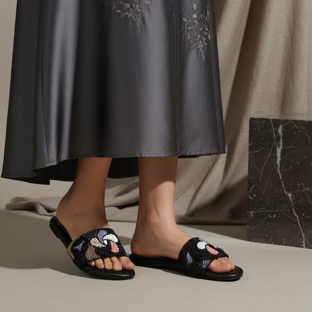 Black Flat Multicolour Slides | S382F-B