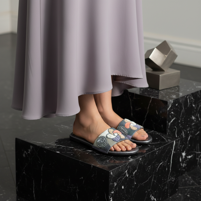 Grey Flat Multicolour Slides | S382F-GR