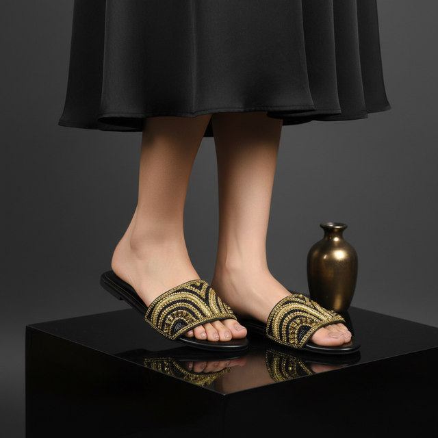 Black Gold Flat Stylish Slides | S388F-BG