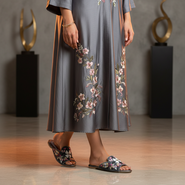 Grey Flat Handwork Slippers | S389F-GR
