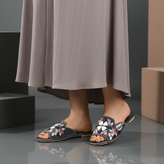 Grey Flat Handwork Slippers | S389F-GR