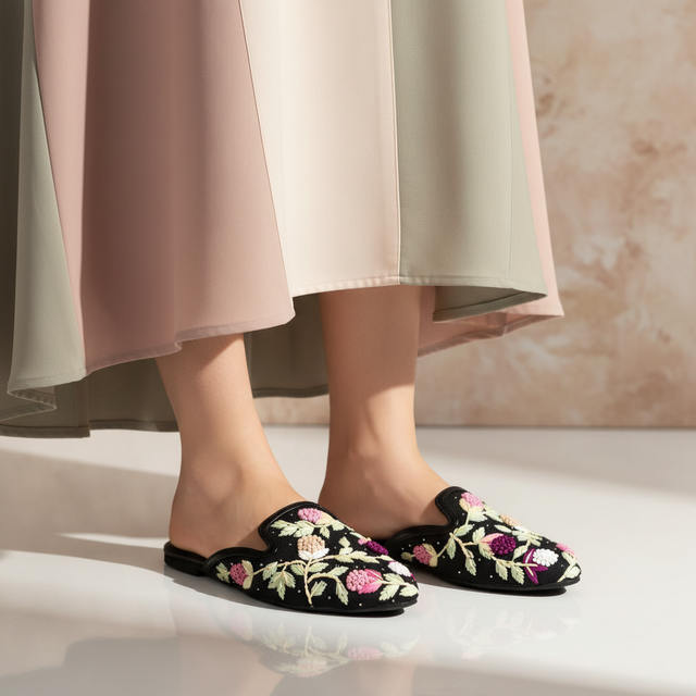 Black Flat Artisanal Slippers | S391F-B