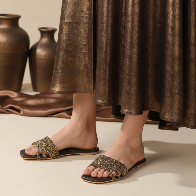 Salwa Brown Flat Crystal Encrusted Slip Ons | S84F-BR