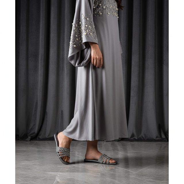 Salwa Grey Flat Handcrafted Slippers | S84F-GR