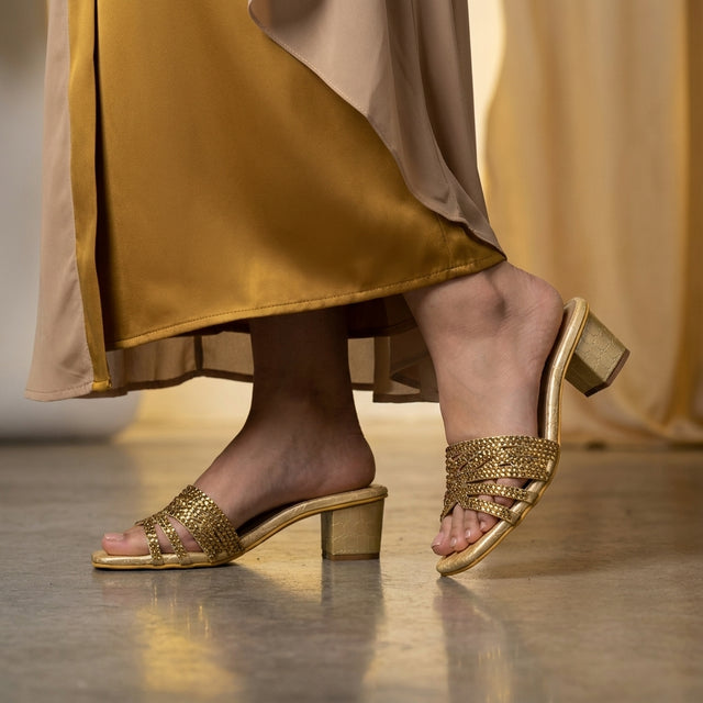 Salwa Gold 2in Block Heel Handcrafted Sandals | S84H-G
