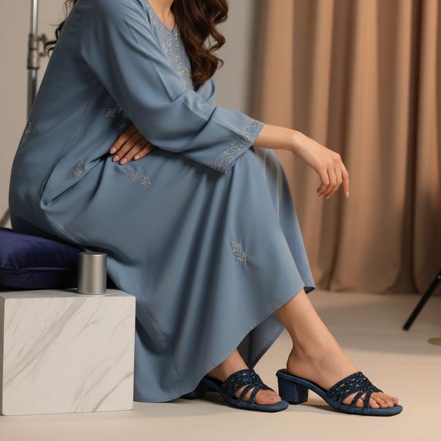 Salwa Denim Navy Blue 2in Block Heel Handcrafted Sandals | S84H-JNVY
