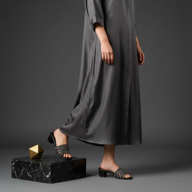Faryal Black 2in Block Heel Chic Slip-On Sandals | S86H-B
