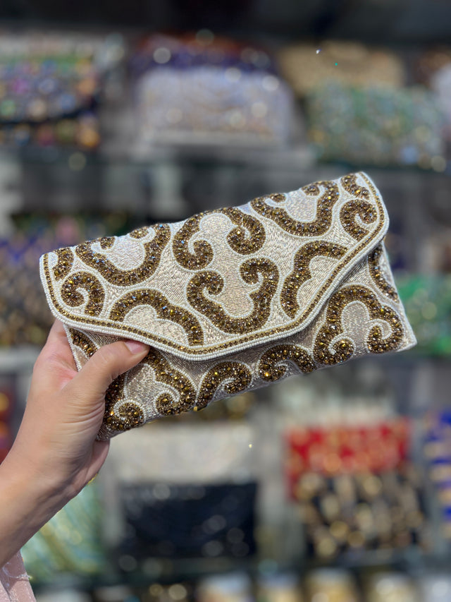 Cream Handcrafted  Beaded Chain Handbags