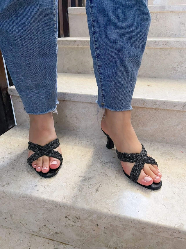 Nadia Stylish Black Pencil Heel Sandals