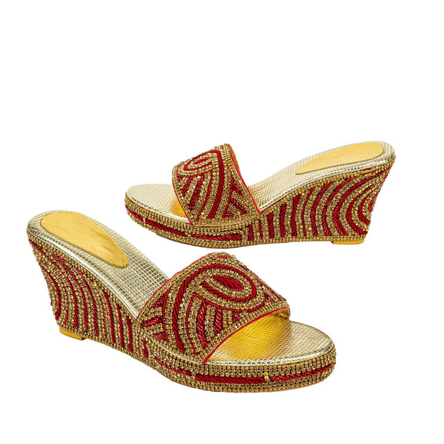 Red Crystal Embellished Elegant Heel sandals Handcrafted Wedge