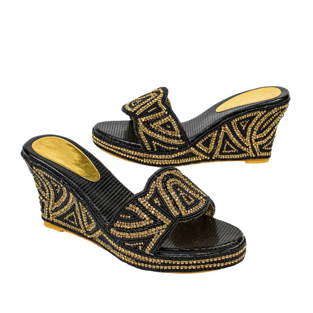 Handcrafted Black Elegant Wedge Flat Sandals