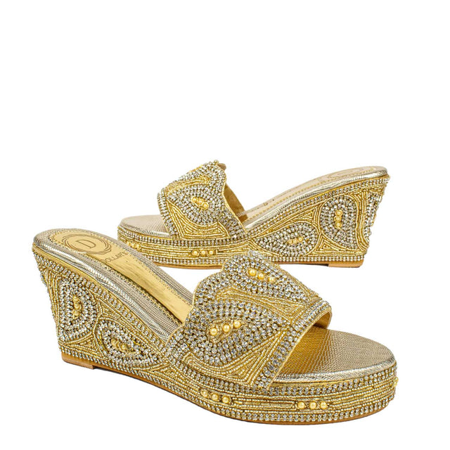 Light Gold Crystal Embellished Elegant Heel sandals Handcrafted Wedge