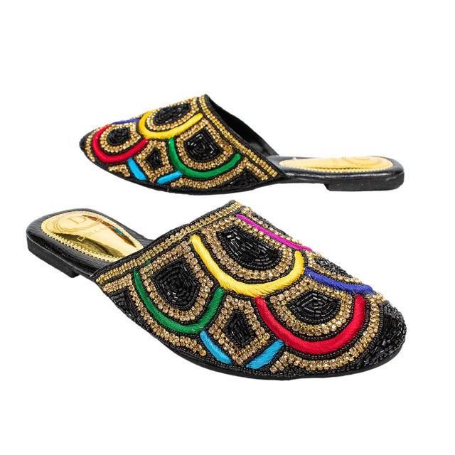 Iconic Black Multicolour Flat Slippers