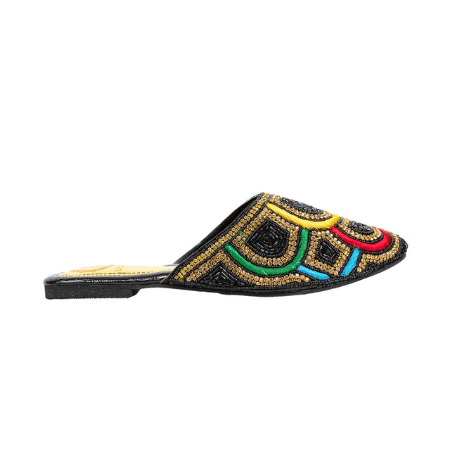 Iconic Black Multicolour Flat Slippers