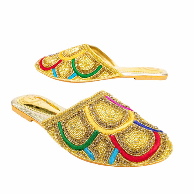 Handmade Gold Multicolour Flat Slippers