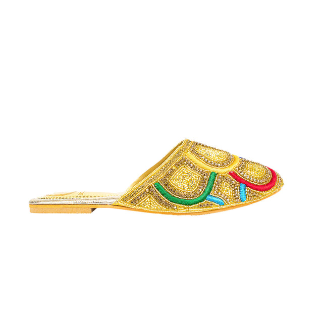 Handmade Gold Multicolour Flat Slippers