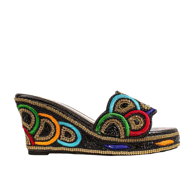 Handcrafted Black Multicolour Crystal Wedge Heel Sandals