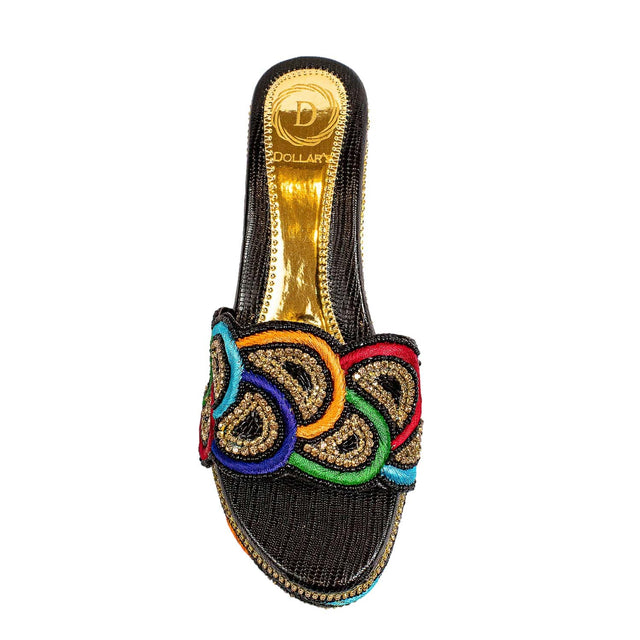 Handcrafted Black Multicolour Crystal Wedge Heel Sandals