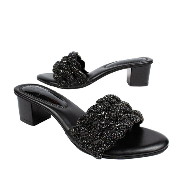 Ghaliyah Handcrafted Black Block Heel Sandals