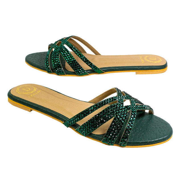 Layal Handcrafted Green Flat Slippers