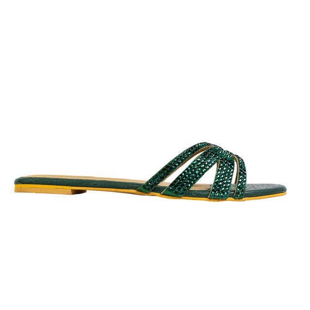 Layal Handcrafted Green Flat Slippers