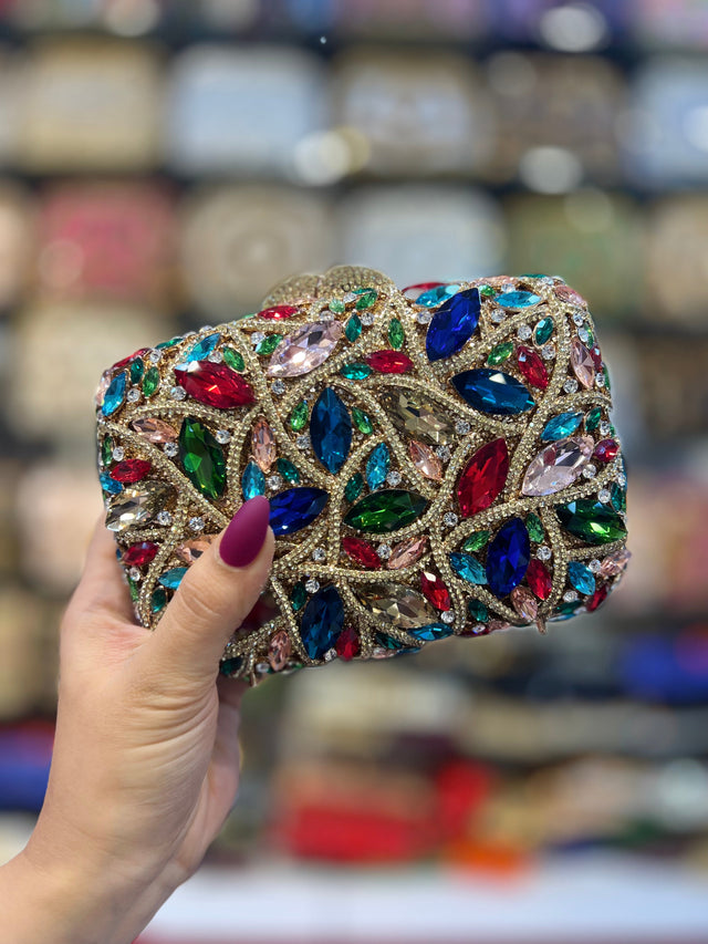 Multi Color Studded Crystal Work Metallic Frame Beautiful Deep Colour Handbags