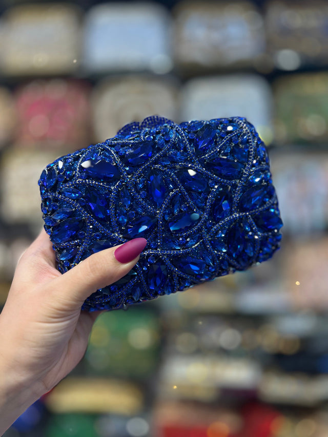 Navy Blue Studded Crystal Work Metallic Frame Beautiful Deep Colour Handbags